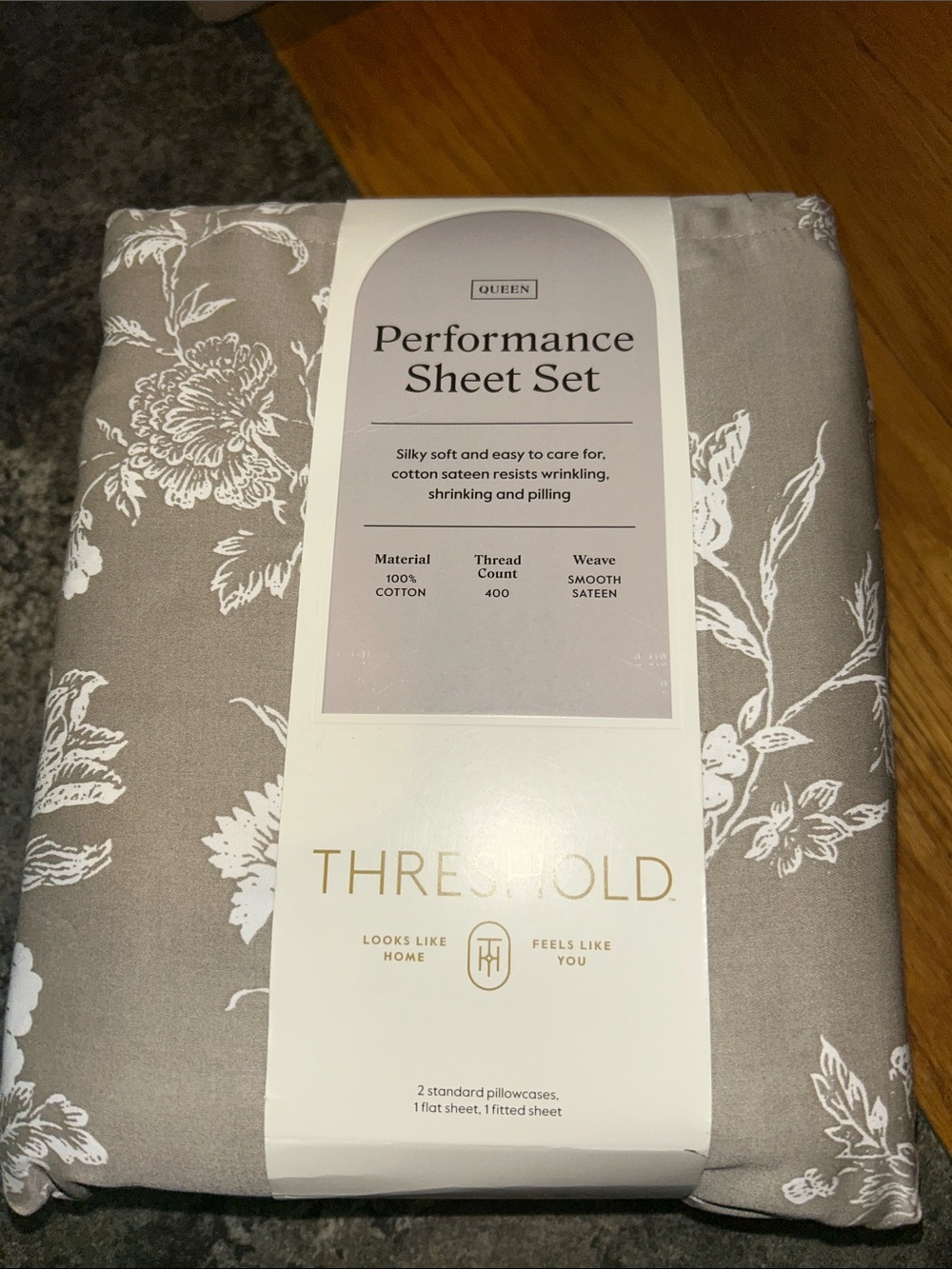 Threshold Taupe and White Floral Performance Sheet Set - Queen